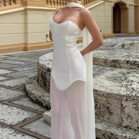 Femmes Robe de soirée élégante longue à tissu fluide et sans bretelles Chic und Stil