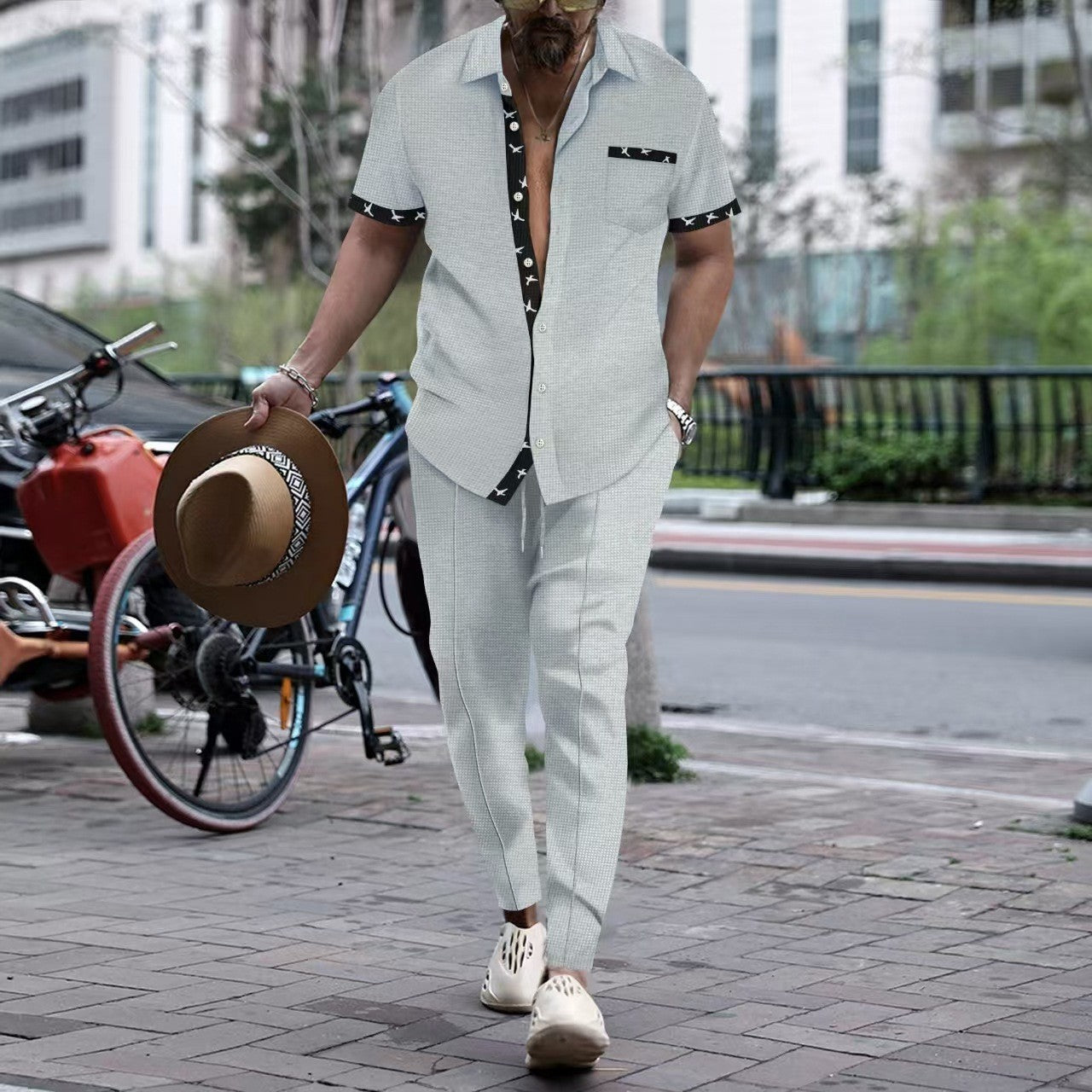 Men's chic short sleeve shirt and slim pants ensemble Chic and Style