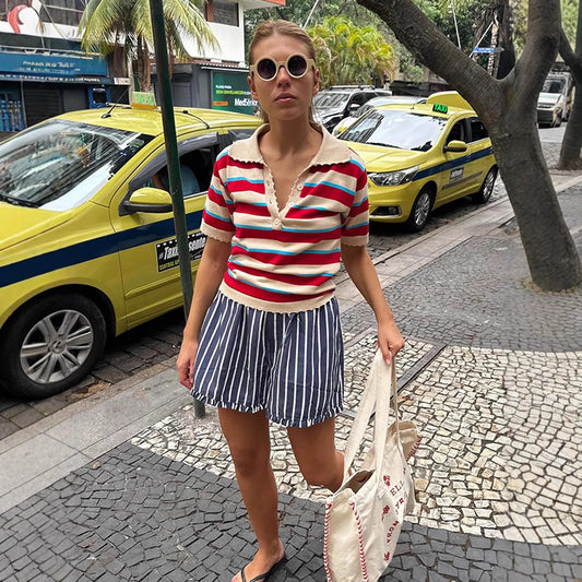 Short-sleeve polo t-shirt for women with colorful stripes Chic und Stil