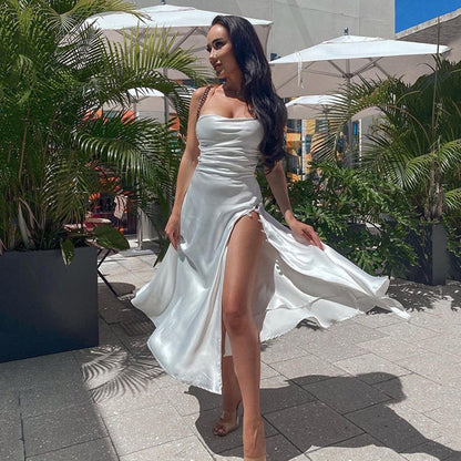 Dames Robe Maxi Élégante avec Fente Profonde et Matière Satin Fluide Chic und Stil