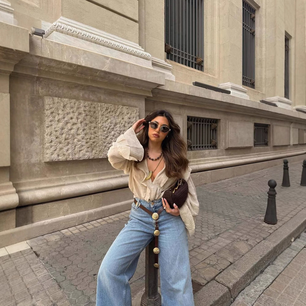 Chemisier pour femmes avec des manches volumineuses à volants et une fermeture éclair élégante au dos Chic und Stil