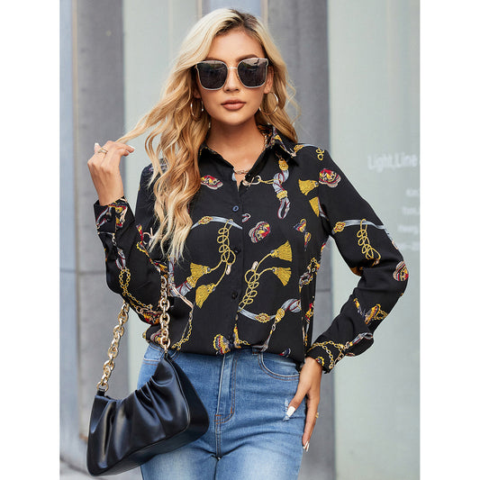 Dames Élégante Blouse à Manches Longues avec Motif Floral Joueur et Détail de Bouton Fin Chic und Stil