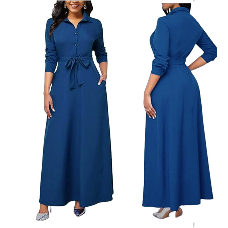 Robe maxi pour femmes avec col de chemise chic et ceinture à la taille Chic und Stil