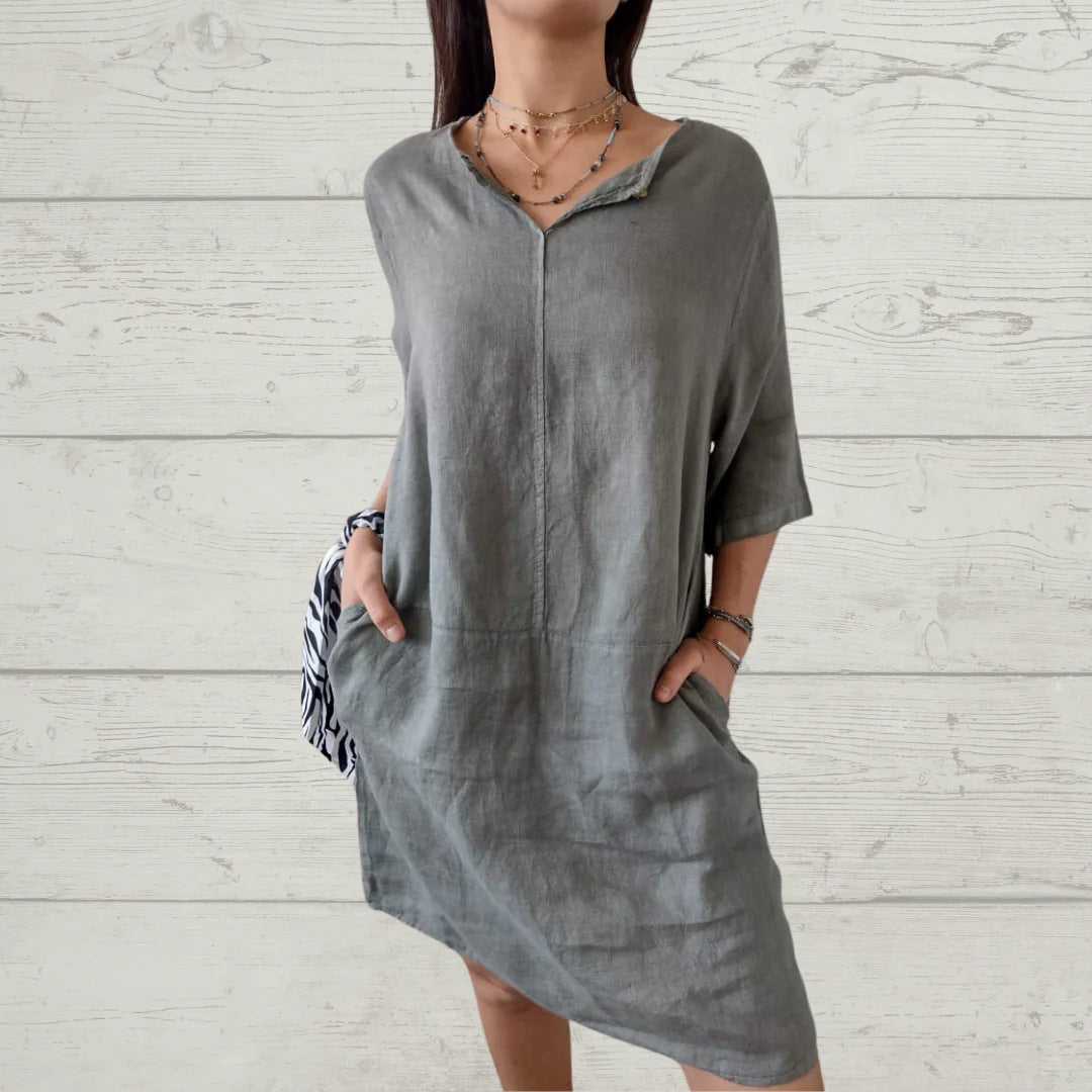 Robe en lin pour femmes avec décolleté en V et poches pratiques Chic und Stil