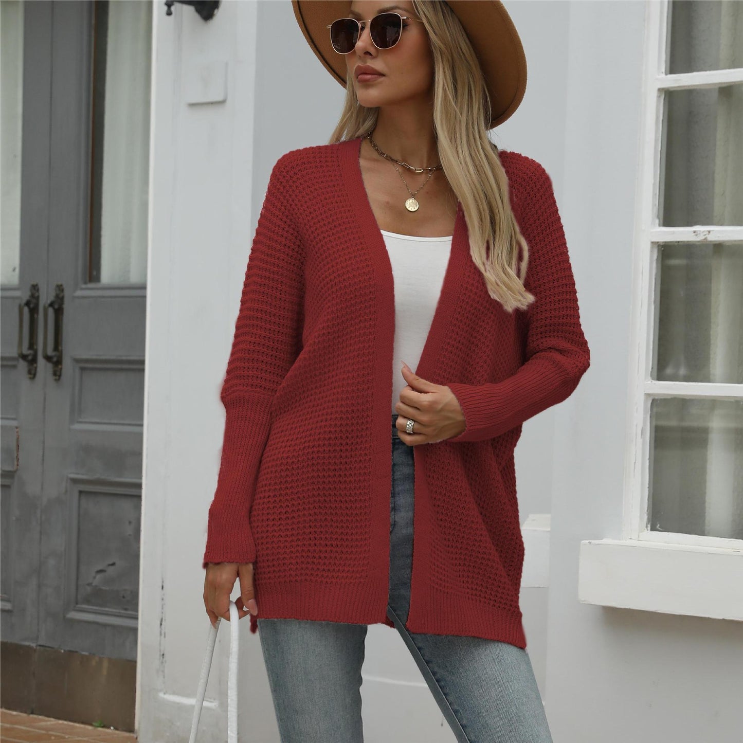 Dames Grand cardigan en tricot avec motif en nid d'abeille moderne et coupe ouverte Chic und Stil