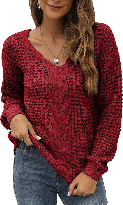 Pull-over en tricot décontracté pour femmes avec décolleté en V plongeant et motif de torsades détaillé Chic und Stil