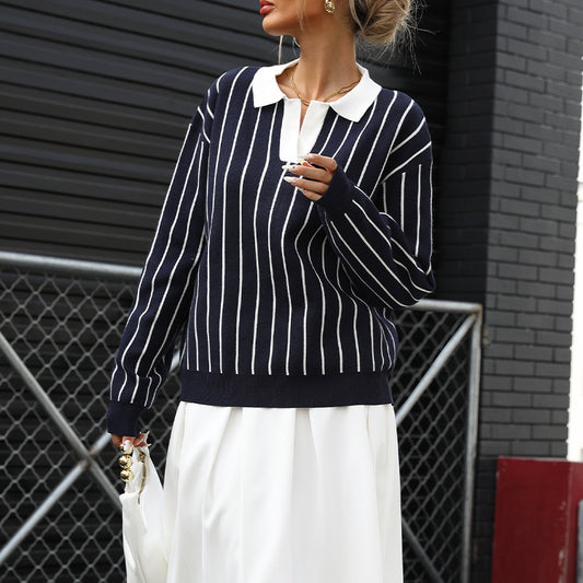 Pull en tricot pour dames avec col élégant et motif rayé Chic und Stil