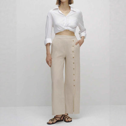 Linen wide-leg pants for women with button details and elegant slit Chic and Style