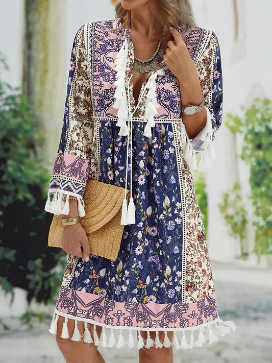 Robe tunique inspirée boho pour femmes avec élégantes franges Chic und Stil