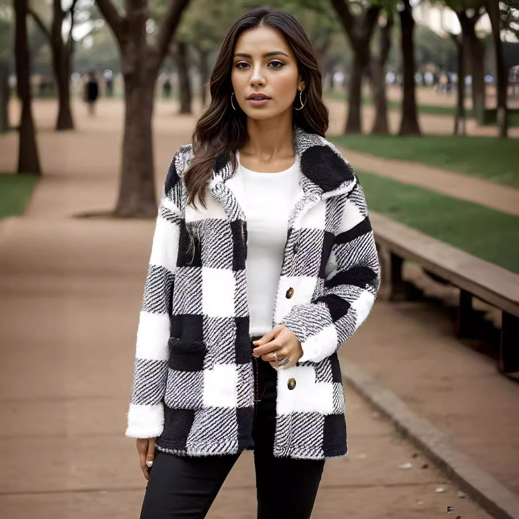 Ladies Kawaii Clothing Checkered Jacket with Snap Closure and Side Pockets Chic and Style