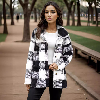 Ladies Kawaii Clothing Checkered Jacket with Snap Closure and Side Pockets Chic and Style