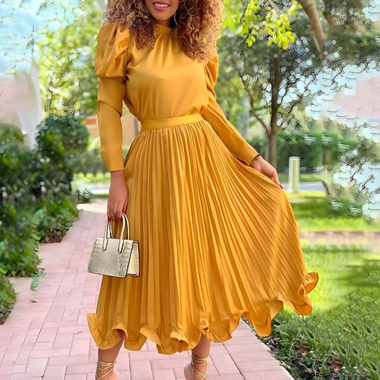 Dames Élégante Robe Midi avec Col Montant et Design Plissé Chic und Stil