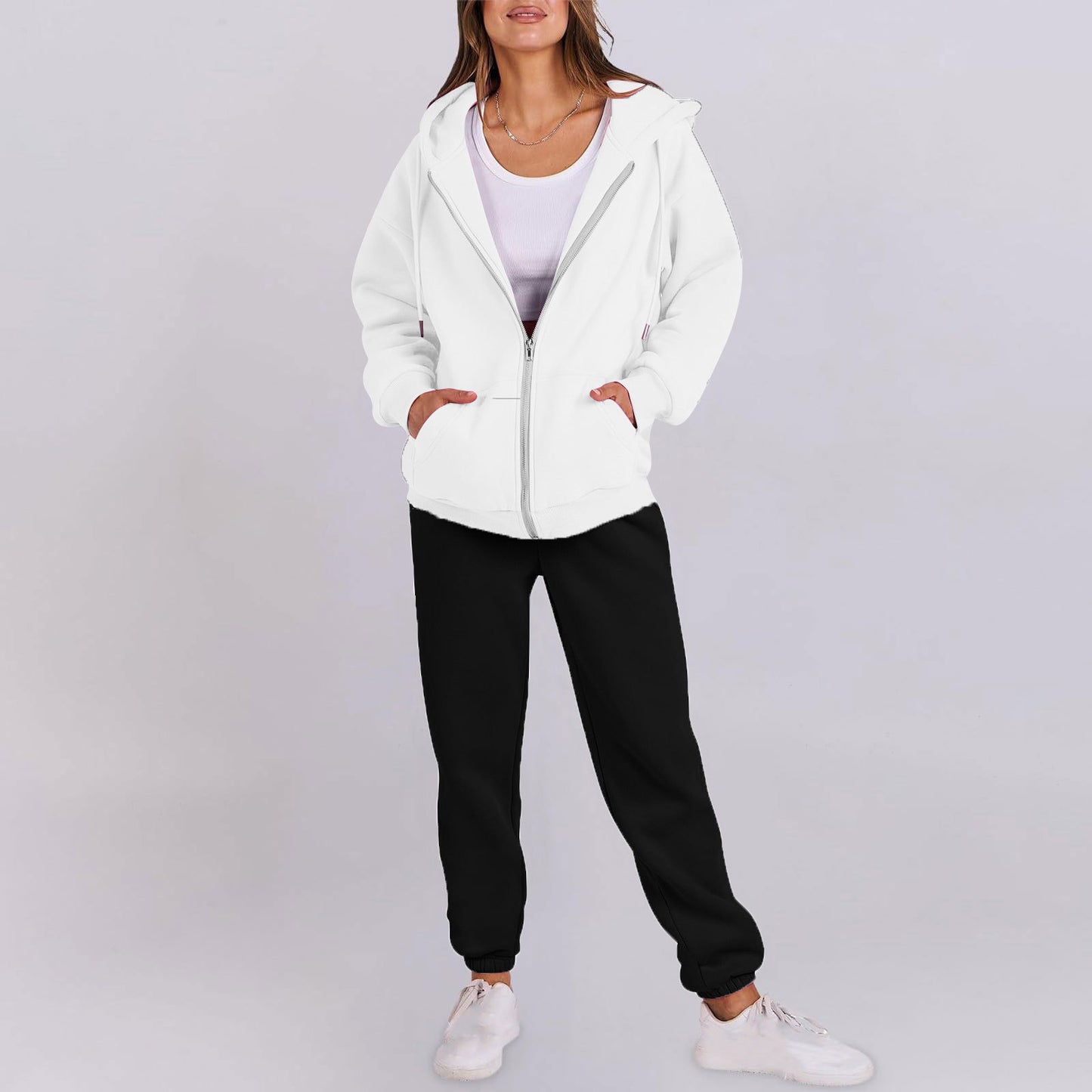 Women's casual zip-up hoodie with a comfortable fit and chic jogger pants