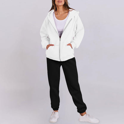 Women's casual zip-up hoodie with a comfortable fit and chic jogger pants