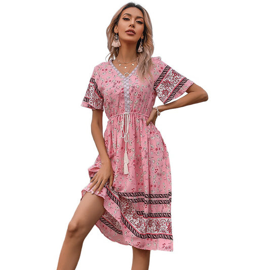 Robe mi-longue décontractée bohème pour femmes avec détail de nouage à franges Chic und Stil