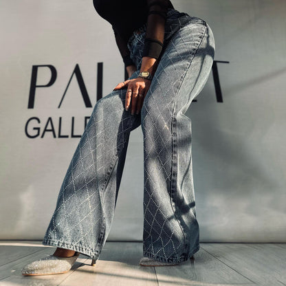 Dames élégantes jeans bootcut taille haute avec strass brillant Chic und Stil