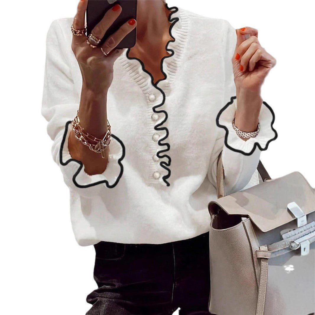 Dames élégant sweat-shirt avec détails froncés et boutons en perles Chic und Stil