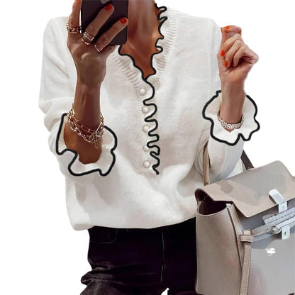 Dames élégant sweat-shirt avec détails froncés et boutons en perles Chic und Stil