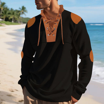 Chemise Henley décontractée à manches longues pour hommes avec un design de lacet original et des patchs de coude contrastants Chic und Stil