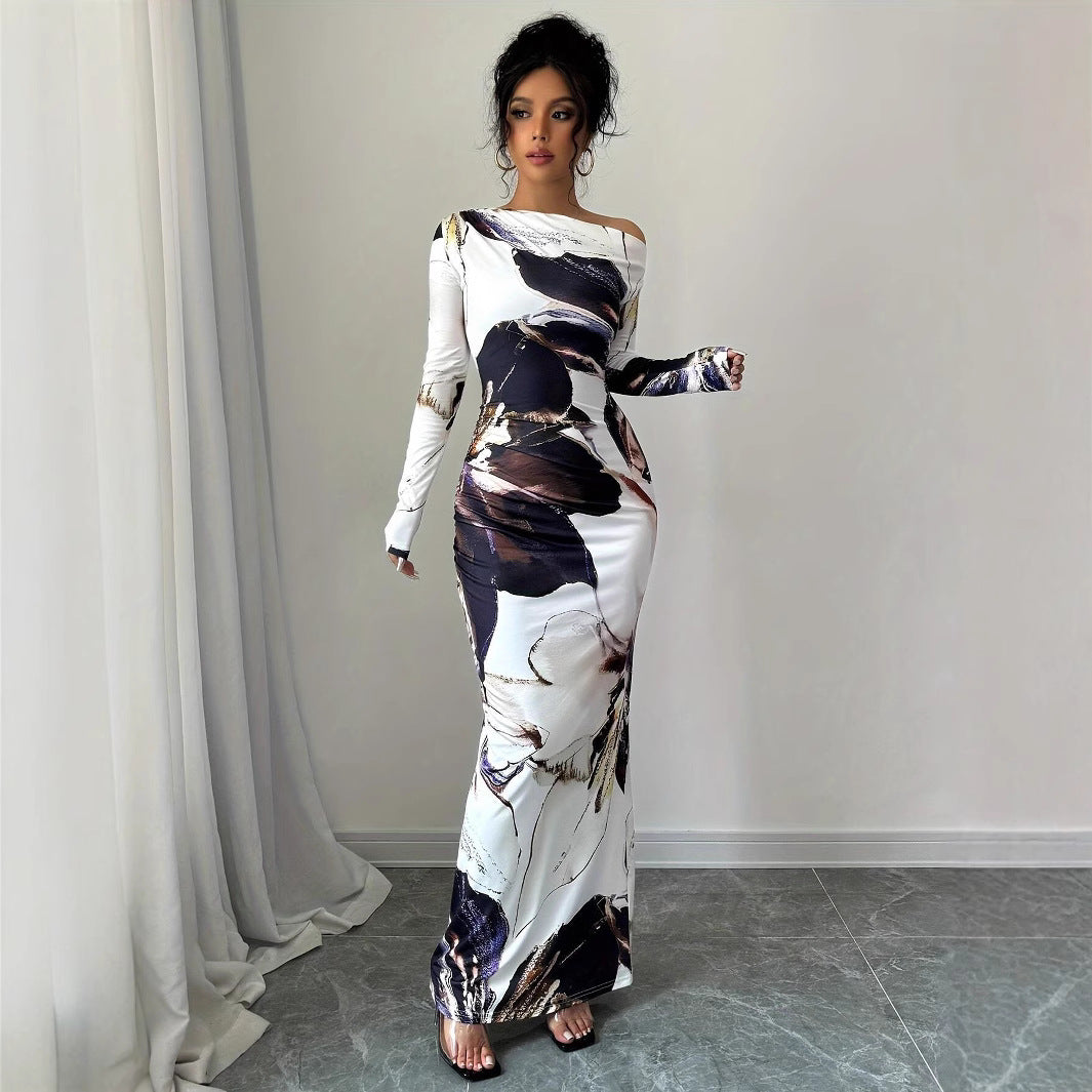 Dames Élégant Robe Maxi avec décolleté asymétrique et design floral Chic und Stil