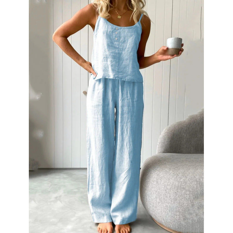 Casual linen set for women with strapless blouse and wide leg pants Chic and Style