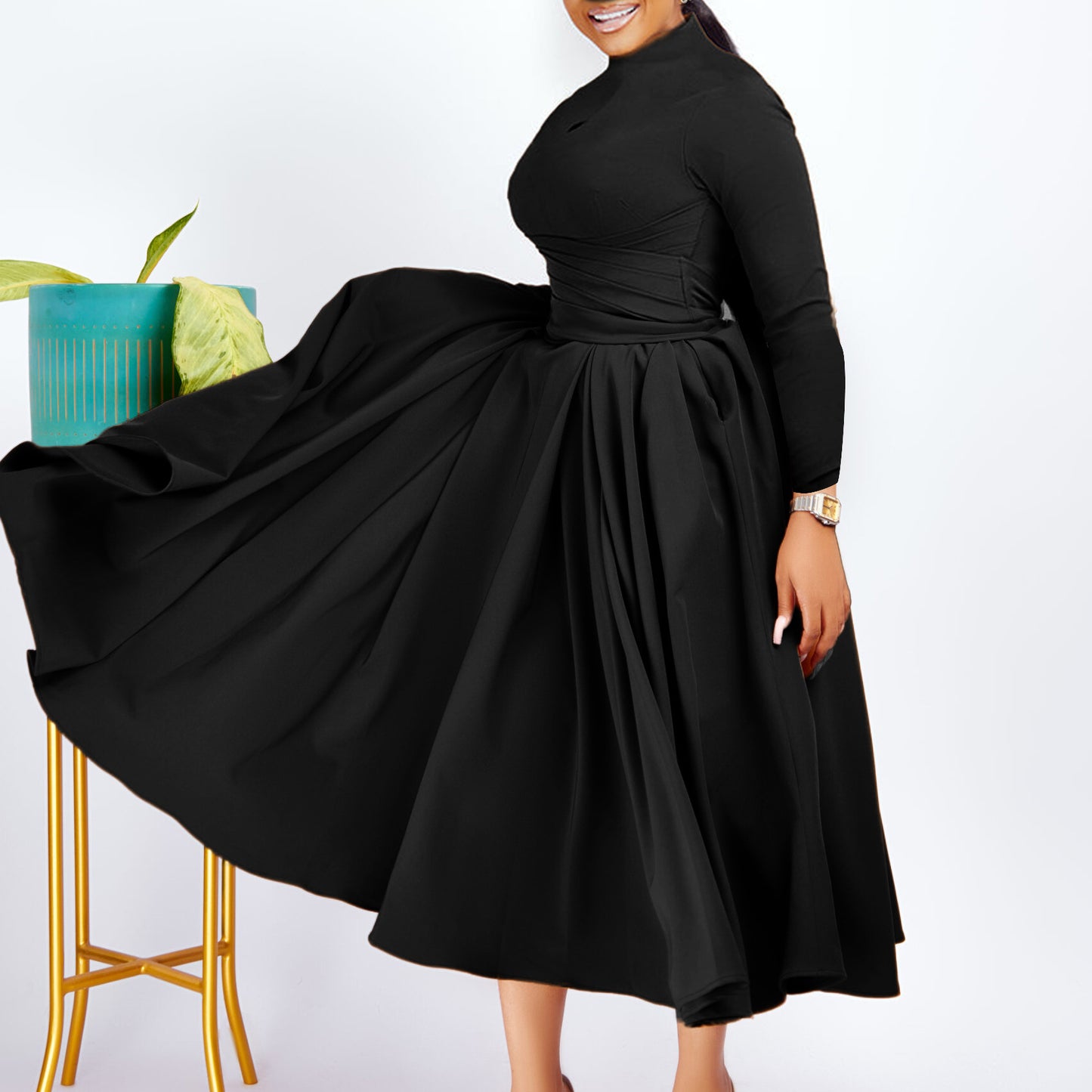 Robe maxi élégante pour femmes avec volants cintrés et manches longues Chic und Stil