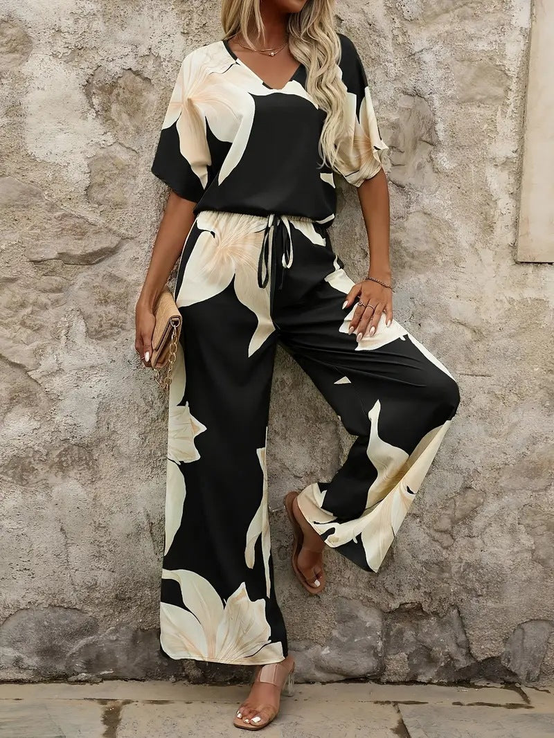 Dames Élégant Jumpsuit avec des motifs floraux et une jambe large Chic und Stil