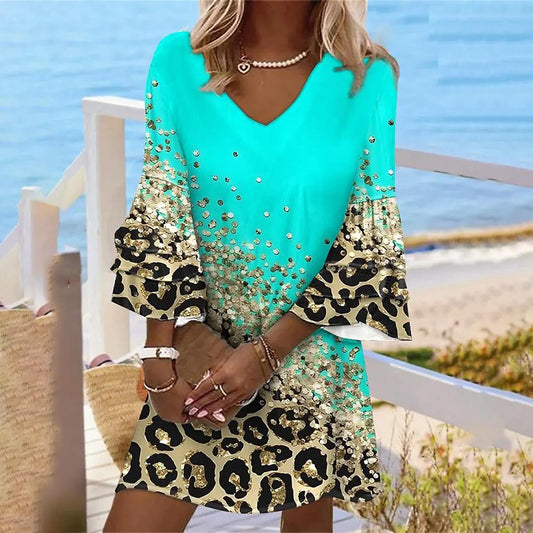Women's Sequined Leopard Print V-Neck Tunic Dress Chic and Style