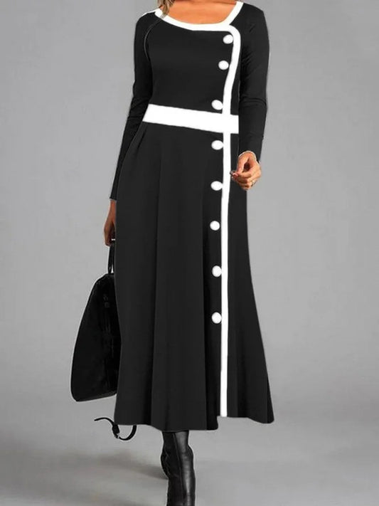 Robe maxi élégante pour femmes avec des détails de boutons contrastants et une jupe évasée Chic und Stil