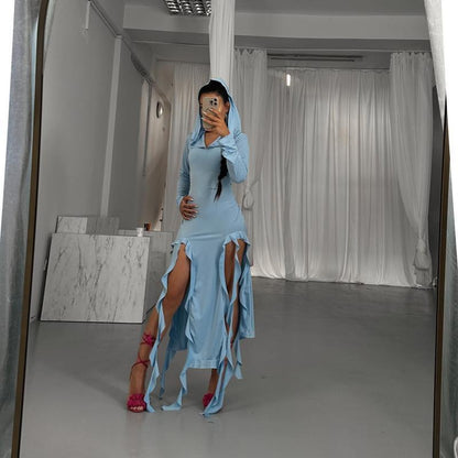 Robe maxi à manches longues pour femmes avec capuche et détails en volants Chic und Stil