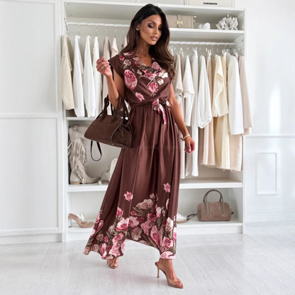Robe maxi femme avec motif floral, fente latérale et ceinture Chic und Stil