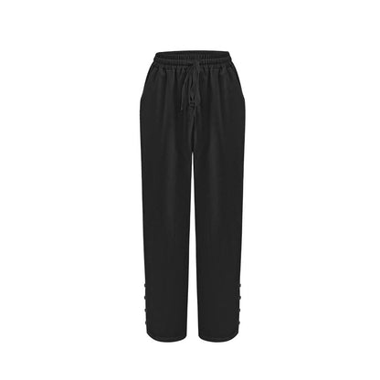Women Elastic Waist Casual Cut Pants with Chic Button Details