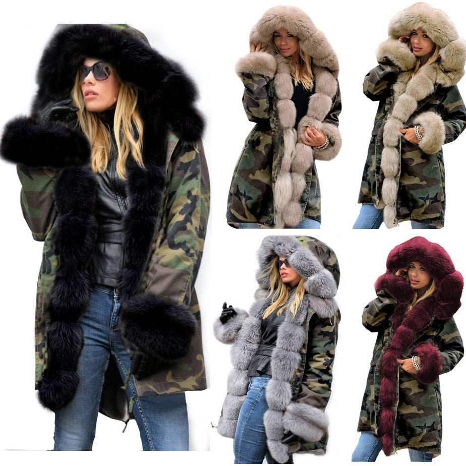 Dames camouflage manteau d'hiver avec col en fausse fourrure XXL et sangles amovibles Chic und Still