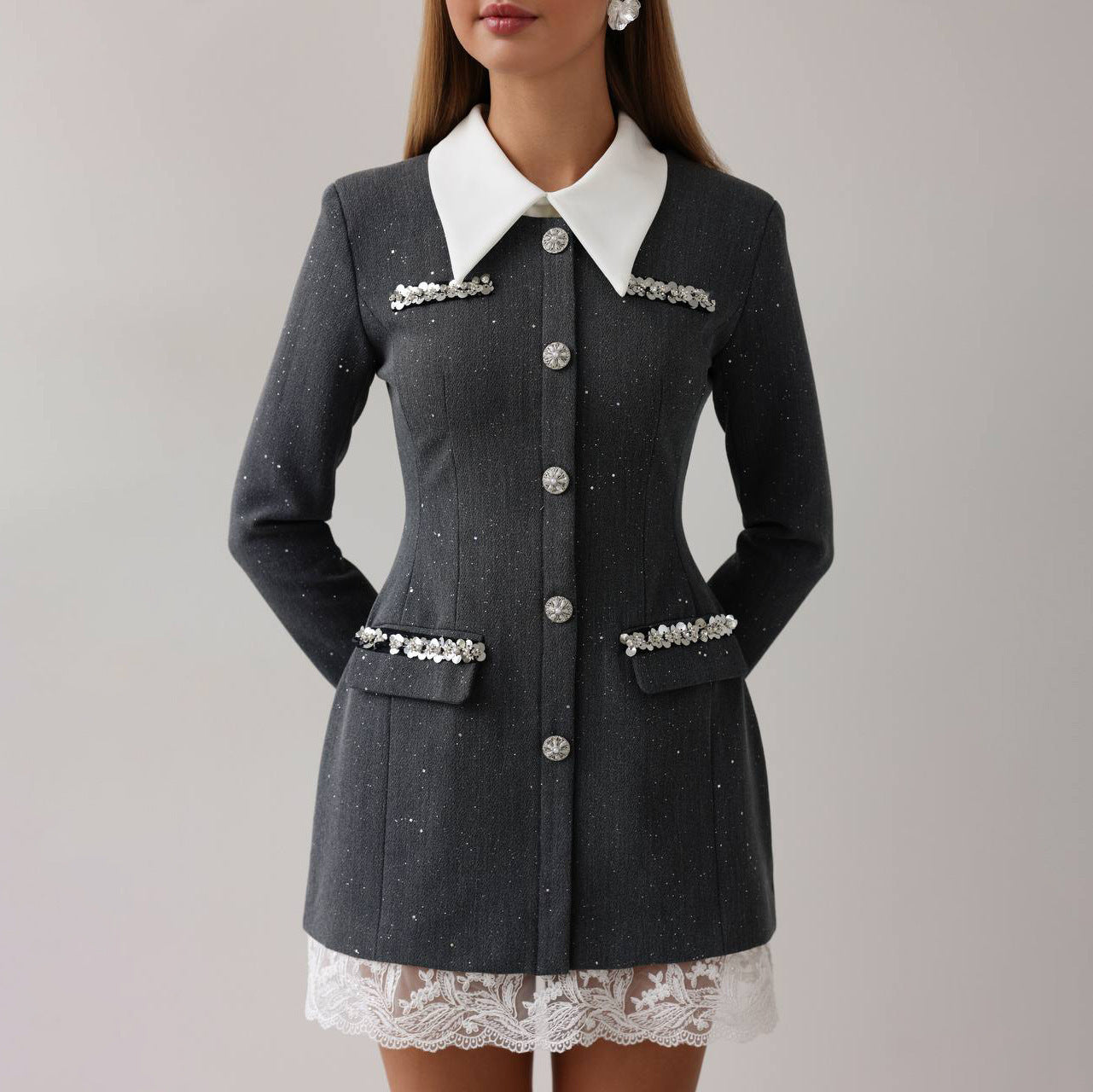 Dames blazer élégant avec des détails romantiques en volants Chic und Stil