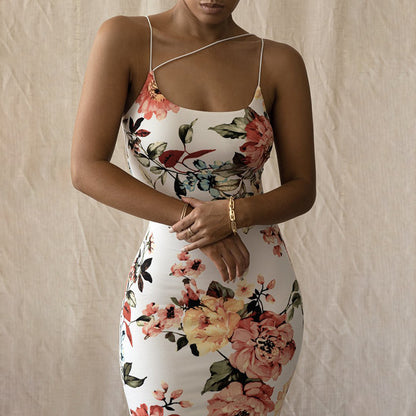 Women's Floral Print Bodycon Dress with Asymmetrical Straps Design Chic und Stil