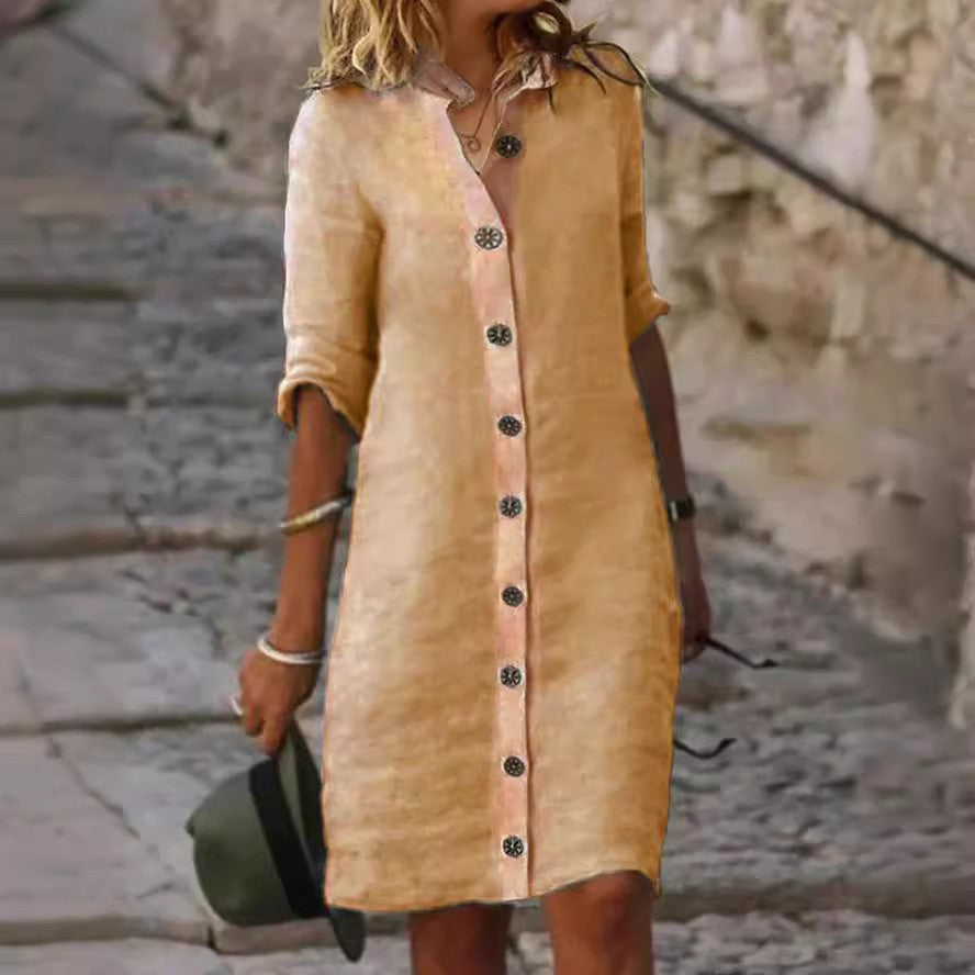 Robe chemise en lin pour femmes avec patte de boutonnage et manches retournables Chic und Stil