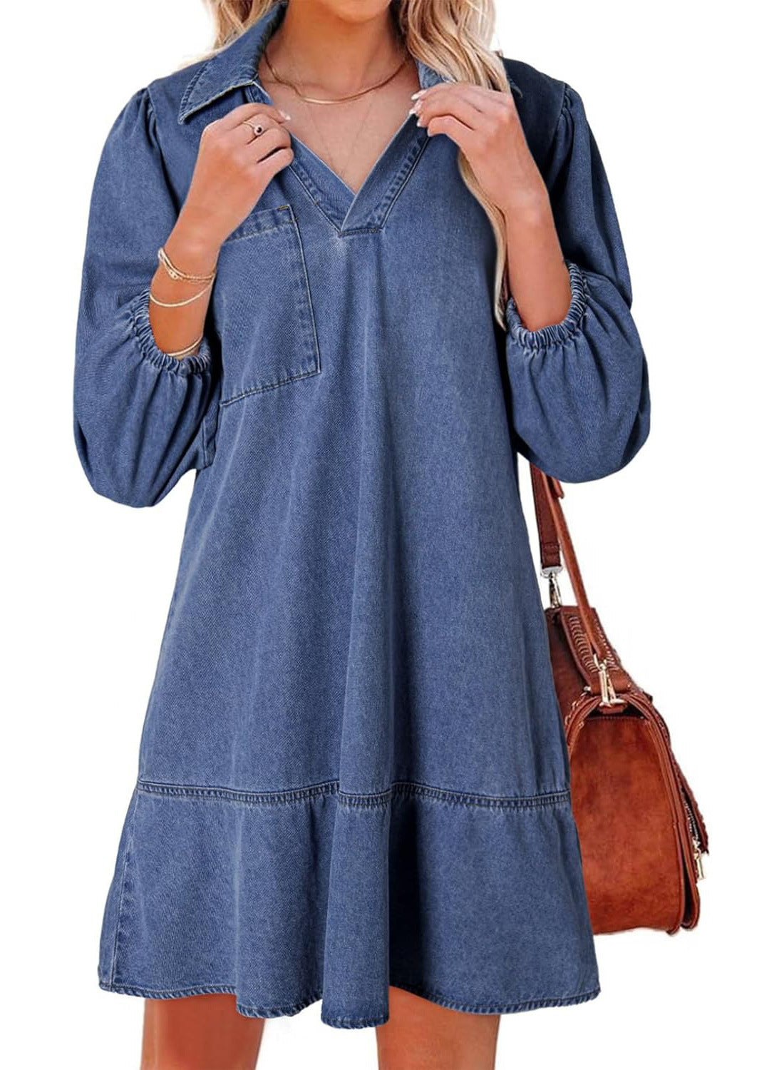 Robe en denim pour femmes avec des manches volumineuses et une poche latérale Chic und Stil