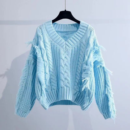 Dames gros tricot pull avec franges et décolleté en V Chic und Stil