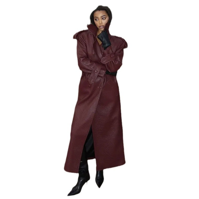 Veste trench en simili cuir pour femmes avec col montant Chic & Stil