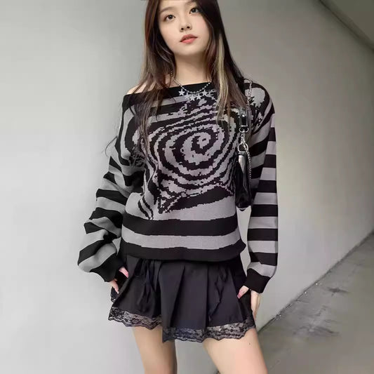Pull oversized à la mode pour femmes avec un design créatif en spirale et un motif rayé Chic und Stil
