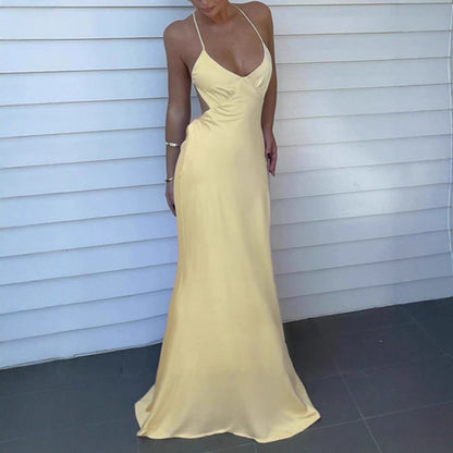 Dames Robe Maxi Élégante avec Décolleté en V Profond et Bretelles Spaghetti Réglables Chic und Stil