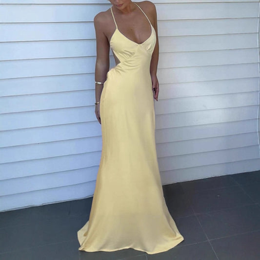 Dames Robe Maxi Élégante avec Décolleté en V Profond et Bretelles Spaghetti Réglables Chic und Stil