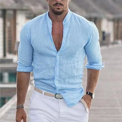 Chemise en lin décontractée pour hommes avec col montant moderne et manches roulables Chic und Stil