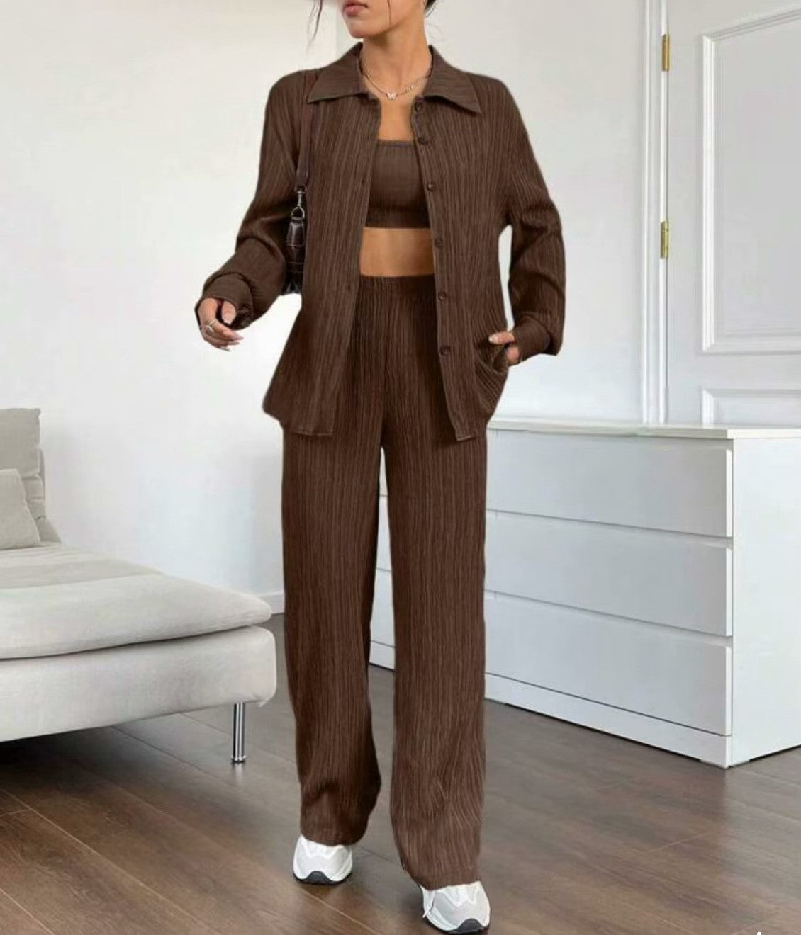 Dames Élégant Ensemble en blouse rayée et pantalon décontracté Chic und Stil