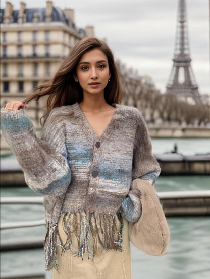 Dames Fransen Cardigan avec décolleté en V Chic und Stil