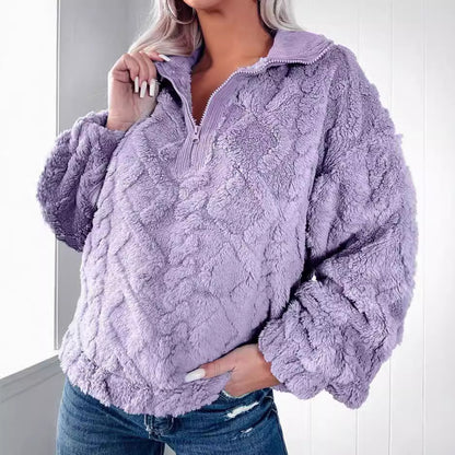 Pull en fleece douillet pour femmes avec demi-fermeture éclair et manches bouffantes Chic und Stil