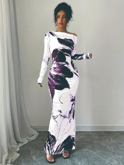 Dames Élégant Robe Maxi avec décolleté asymétrique et design floral Chic und Stil