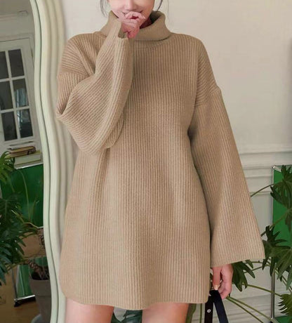 Dames Pull en tricot long avec col montant et manches évasées Chic und Stil