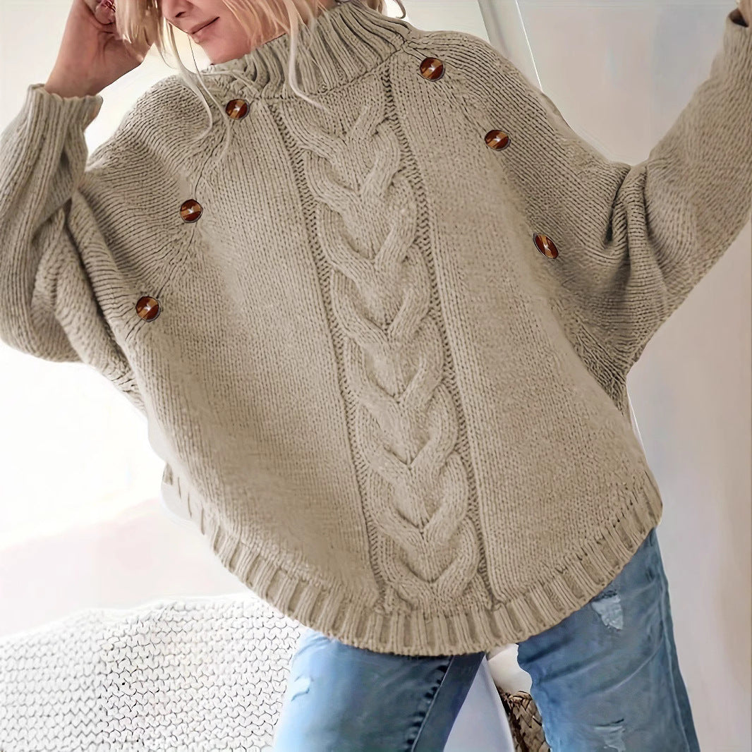 Femme Pull en maille ample avec col haut et boutons décoratifs Chic und Stil