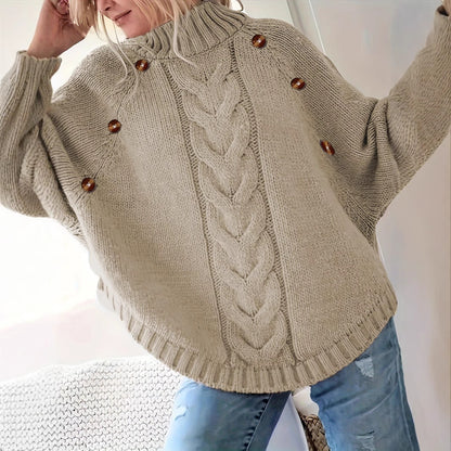 Femme Pull en maille ample avec col haut et boutons décoratifs Chic und Stil